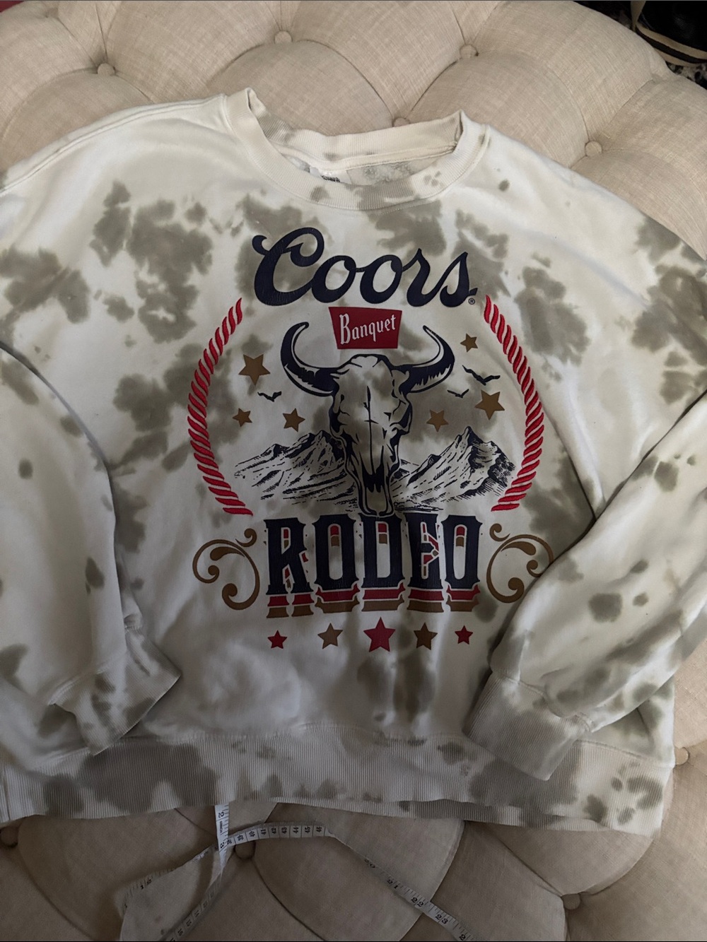 Coors Banquet Rodeo Graphic Crewneck Sweatshirt - White with Tan Tie-Dye